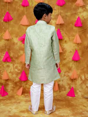 Green embroidered silk mirror work jacket kurta with pyjama 2