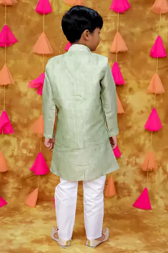 Green embroidered silk mirror work jacket kurta with pyjama