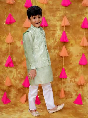 Green embroidered silk mirror work jacket kurta with pyjama 3