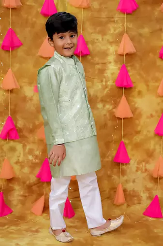 Green embroidered silk mirror work jacket kurta with pyjama
