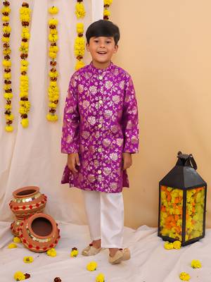 Purple printed jacquard sherwani pyjama set 1