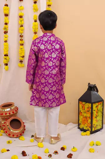 Purple printed jacquard sherwani pyjama set