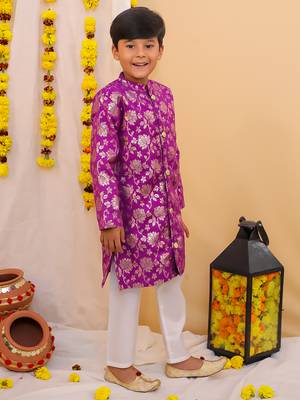 Purple printed jacquard sherwani pyjama set 3