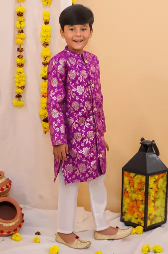 Purple printed jacquard sherwani pyjama set