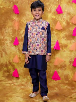 Multicolor navy printed silk jacket kurta pyjama set 1