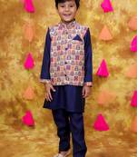 Multicolor navy printed silk jacket kurta pyjama set