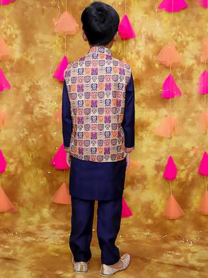 Multicolor navy printed silk jacket kurta pyjama set 2