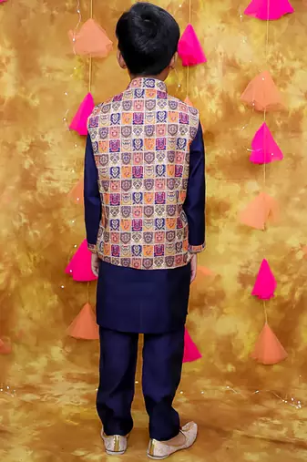 Multicolor navy printed silk jacket kurta pyjama set
