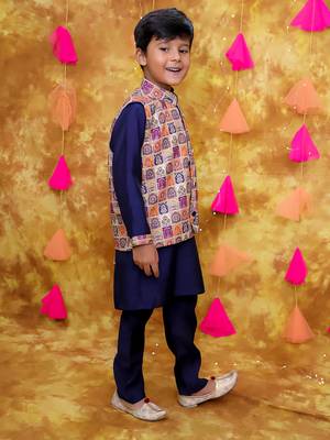 Multicolor navy printed silk jacket kurta pyjama set 3