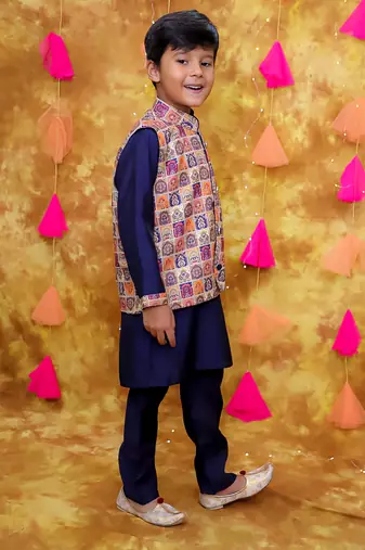 Multicolor navy printed silk jacket kurta pyjama set