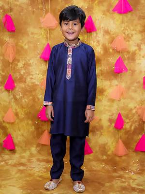 Multicolor navy printed silk jacket kurta pyjama set 4