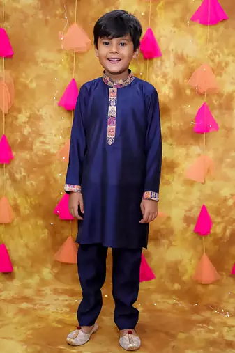 Multicolor navy printed silk jacket kurta pyjama set