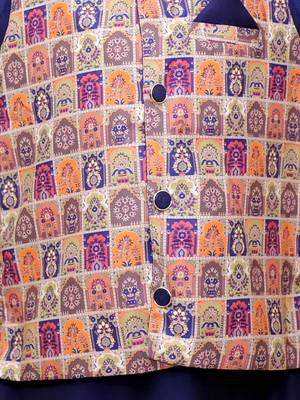 Multicolor navy printed silk jacket kurta pyjama set 5