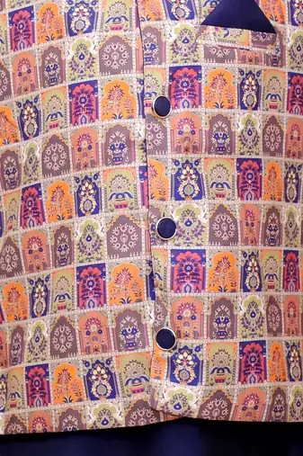 Multicolor navy printed silk jacket kurta pyjama set