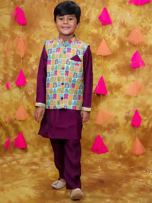 Multicolor purple printed silk jacket kurta pyjama set 1