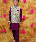 Multicolor purple printed silk jacket kurta pyjama set
