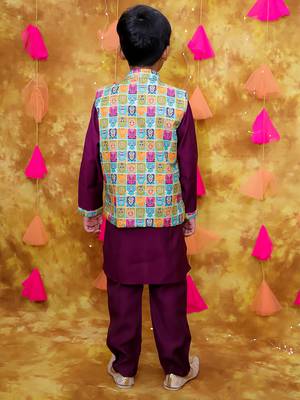 Multicolor purple printed silk jacket kurta pyjama set 2