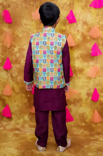 Multicolor purple printed silk jacket kurta pyjama set