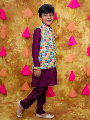 Multicolor purple printed silk jacket kurta pyjama set 3