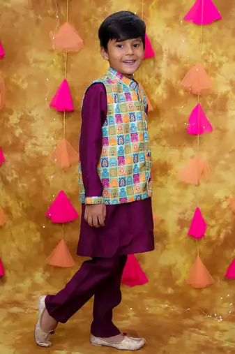 Multicolor purple printed silk jacket kurta pyjama set