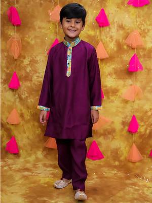 Multicolor purple printed silk jacket kurta pyjama set 4