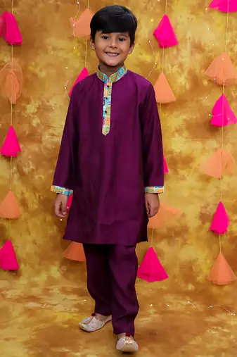 Multicolor purple printed silk jacket kurta pyjama set