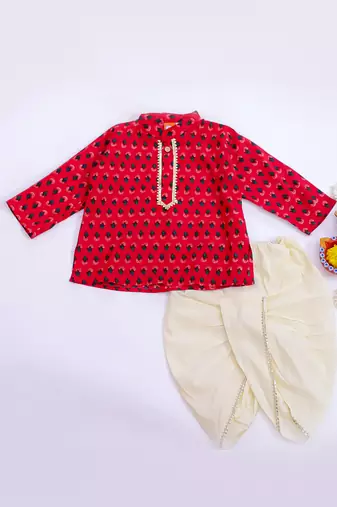 Maroon printed cotton kurta dhoti set
