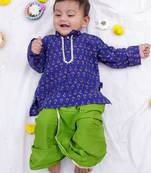 Blue printed cotton kurta dhoti set