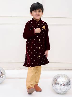 Wine plain velvet sherwani pyjama 1