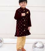 Wine plain velvet sherwani pyjama