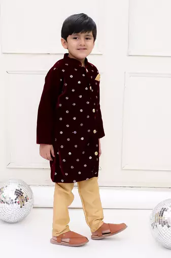 Wine plain velvet sherwani pyjama