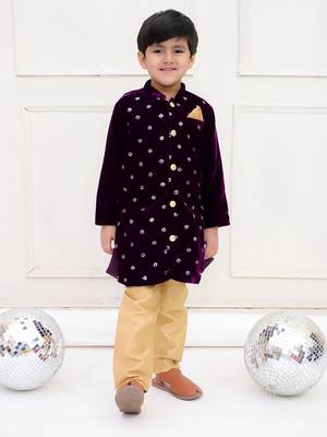 Purple plain velvet sherwani pyjama 1