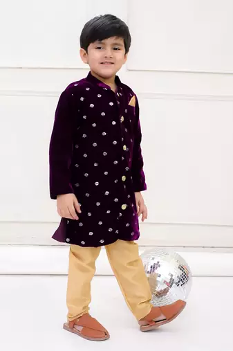 Purple plain velvet sherwani pyjama