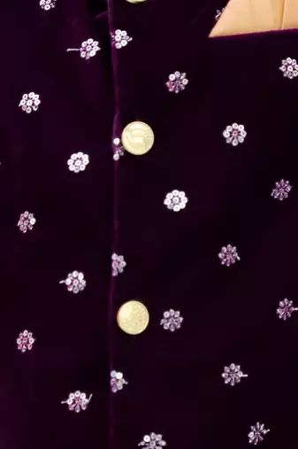 Purple plain velvet sherwani pyjama