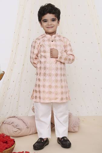 Yellow printed silk blend kurta pyjama