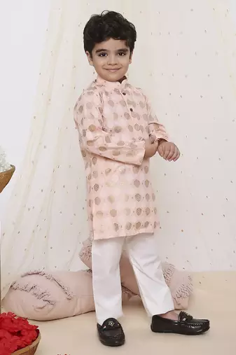 Yellow printed silk blend kurta pyjama