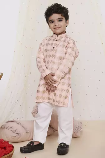 Yellow printed silk blend kurta pyjama