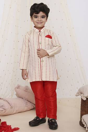 White red printed silk blend kurta pyjama