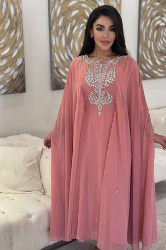 pink Luxury Bedded Crystal Work Moroccan Dubai Kaftans  Bridesmaid Dress