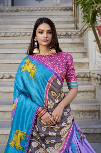 Lavender Tussar Silk Foil Work Lehenga Choli