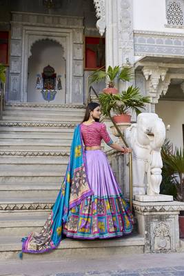 Lavender Tussar Silk Foil Work Lehenga Choli 4