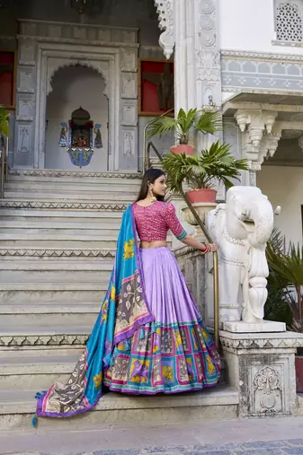 Lavender Tussar Silk Foil Work Lehenga Choli