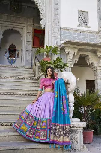 Lavender Tussar Silk Foil Work Lehenga Choli
