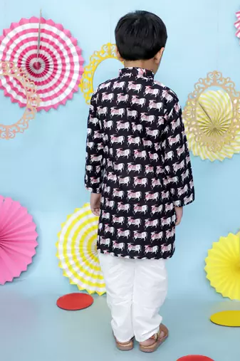 Black animal printed cotton kurta pyjama