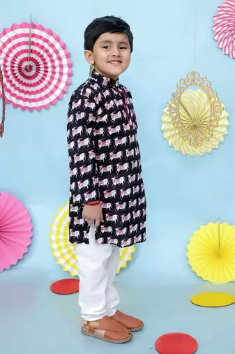 Black animal printed cotton kurta pyjama