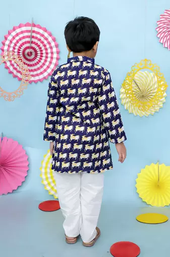 Navy animal printed cotton kurta pyjama