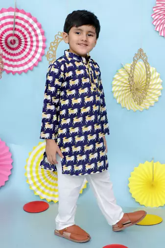 Navy animal printed cotton kurta pyjama