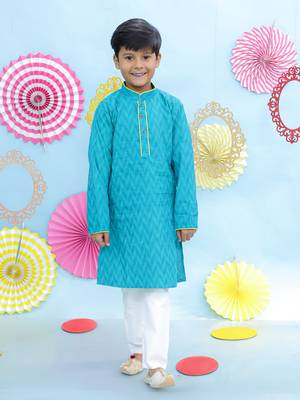 Turquoise printed cotton kurta pyjama 1