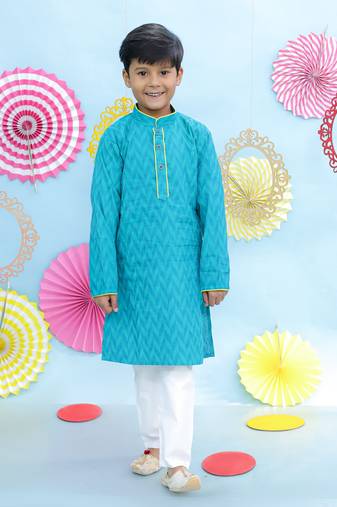 Turquoise printed cotton kurta pyjama