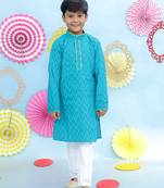 Turquoise printed cotton kurta pyjama